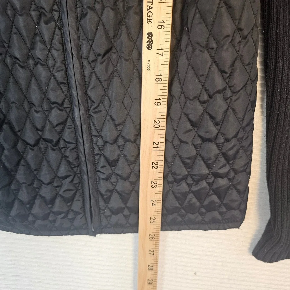 For Cynthia Black Quilted Hybrid Jacket Ribbed Knit Sleeves Mock‎ Neck Zip Front